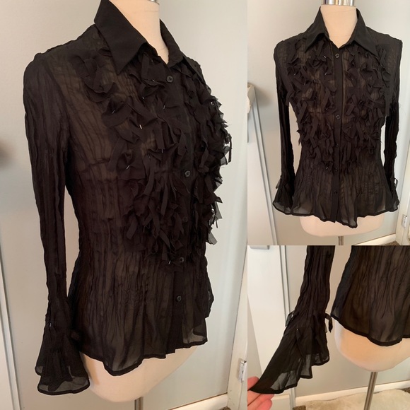 Sheer Black ruffle Blouse Fringe long sleeve Bell cuffs Size M Mob Wife Hot goth - Picture 10 of 10